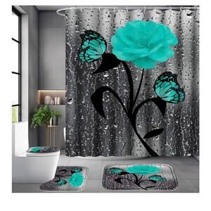 Poedist 4 Pcs Bathroom Set,Green Rose Shower Curtain Sets, Romantic Shower